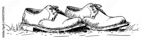vintage mens leather dress shoes in the grass hand drawn sketch