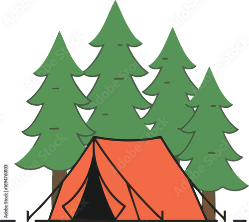 Camping tent under pine trees, outdoor recreational travel concept