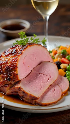 Sliced glazed ham served with mixed vegetables and wine glass  
