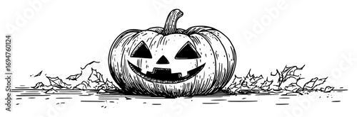 jack o lantern pumpkin with fallen leaves black and white vector illustration