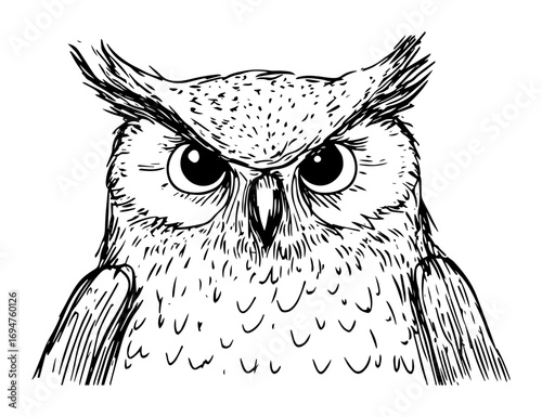 owl face portrait close up black and white vector illustration