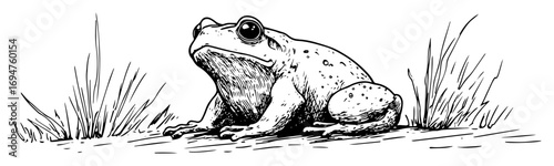 hand drawn frog sitting in grass sketch style