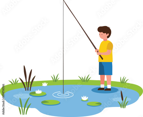 Young boy fishing in a pond on a summer day recreational activity