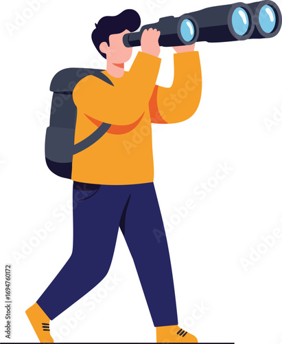 Man with backpack using binoculars looking far ahead discovery