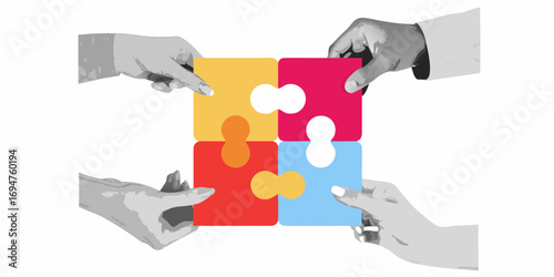 Diverse hands collaborate to assemble colorful puzzle pieces symbolizing teamwork and unity