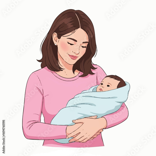 Vector Illustration of Woman Holding Baby in Soft Pastel Colors in Modern Minimalist Style