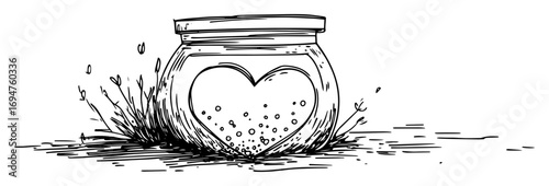 glass jar of hearts love potion hand drawn sketch illustration