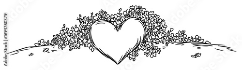 heart surrounded by wildflowers black and white vector illustration