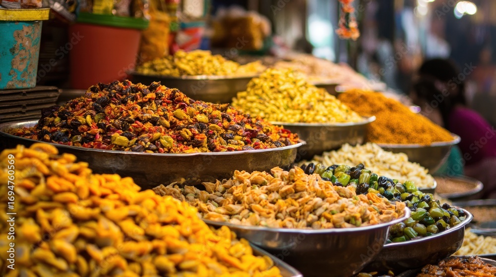 Obraz premium A vibrant market stall filled with colorful, dried fruits and nuts, with a variety of shapes and textures, set against a bustling, colorful background.