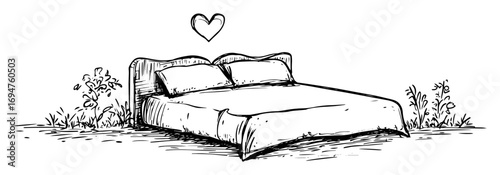 hand drawn bed with heart and plants