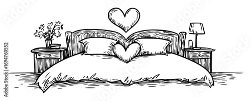 hand drawn double bed with pillows and heart
