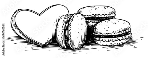hand drawn macarons and heart dessert