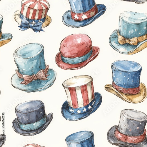 Seamless Vintage Hats Watercolor Pattern A Hand Drawn Textile Design