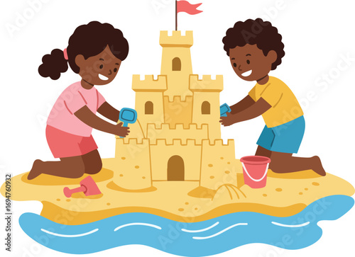 Children building sandcastle at beach, cartoon illustration