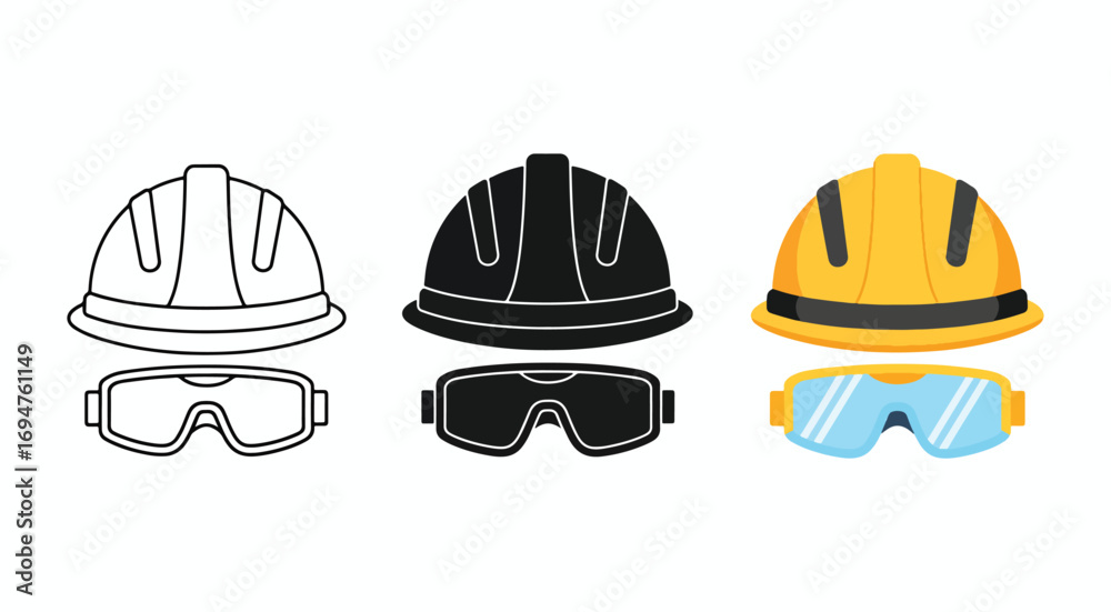 Fototapeta premium Safety gear set hard hat and goggles for construction and industrial work vector