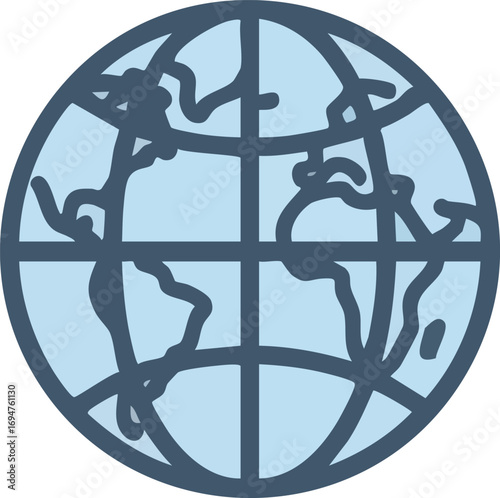 Stylized globe icon with continents, oceans, latitude and longitude