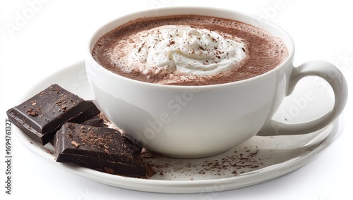 Hot chocolate in a white cup with chocolate pieces