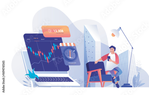 Cryptocurrency marketplace concept for modern web design. People analysing crypto market trends in app, buying and selling bitcoins from laptop. Flat vector illustration isolated on white background.