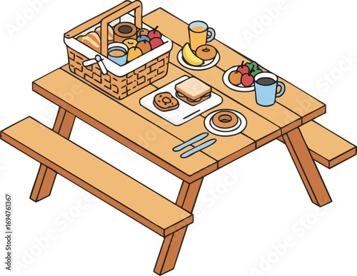 Picnic spread on wooden table with food basket and drink illustration