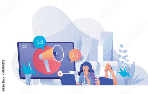 Digital marketing concept for modern web design. People making social media promotion, woman crating promo email messages with advertisement. Flat vector illustration isolated on white background.