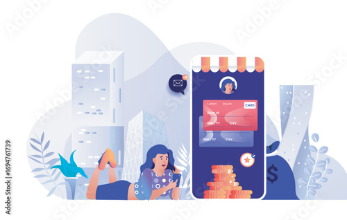 Online banking concept for modern web design. People managing finance in app, woman makes financial transactions from mobile phone application. Flat vector illustration isolated on white background.