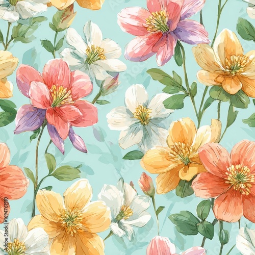 Wallpaper Mural Elegant Floral Watercolor Seamless Pattern With Blooming Flowers And Green Leaves Torontodigital.ca