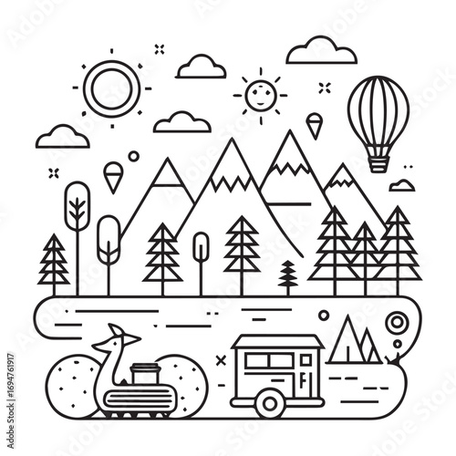 Line art illustration of a scenic landscape with mountains, trees, a hot air balloon, and recreational vehicles, isolated on white background