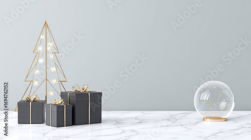 Golden Christmas tree and black gift boxes