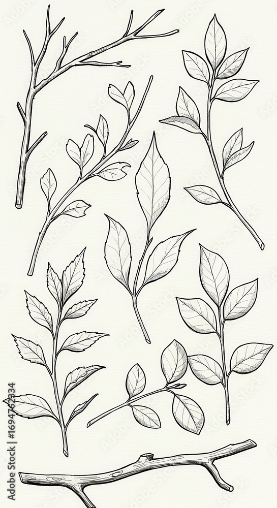 Naklejka premium Detailed line art illustrations of various branches and leaves arranged in a decorative pattern.