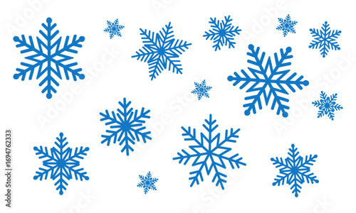 A collection of stylized blue snowflakes floating against a clean white background, depicting winter.