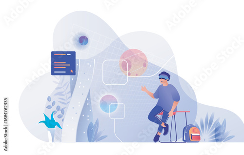 Virtual reality concept for modern web design. People using vr headsets for cyberspace exploration, man in helmet interacting with simulation. Flat vector illustration isolated on white background.