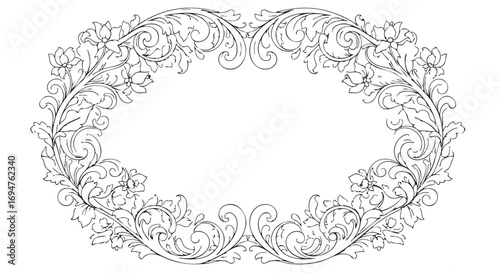 Decorative Floral Vector Frame Elegant Botanical Design with Curved Symmetrical Floral Elements in Vintage Style for Wedding Invitations