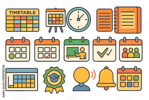 Education, learning outline icon set. timetable, calendar, study tools outline icons