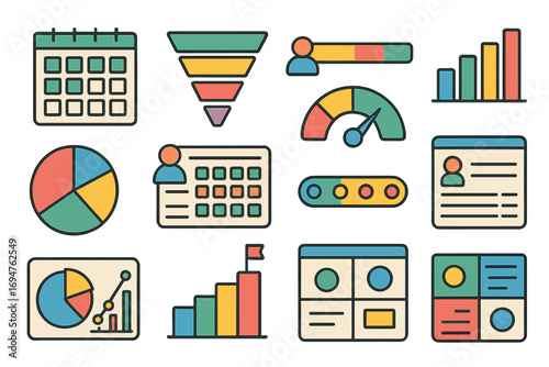 Business management outline icon set. productivity, analytics icons outline collection