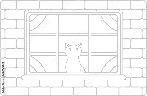 Cat sits upon window sill outlined inside brick wall in monochrome drawing
