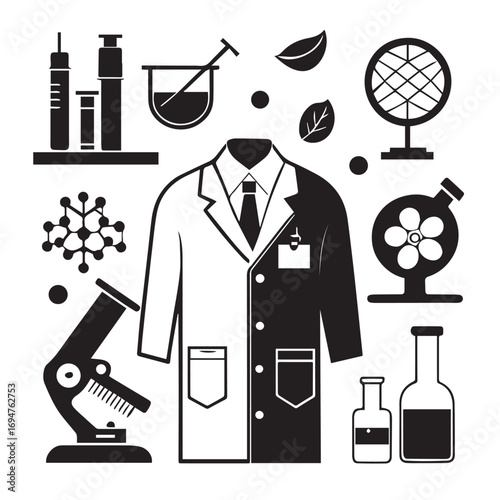 Science and research icons including lab coat, microscope, test tubes, and molecular structure isolated on white background