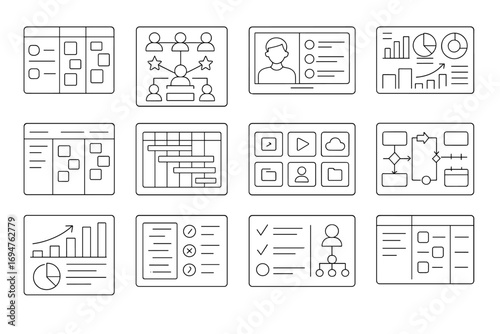 Business, workflow outline icon set: charts, planning, and data analysis icons