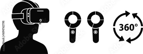 Person wearing virtual reality headset with motion controllers and 360 degree icon, symbolizing immersive technology.