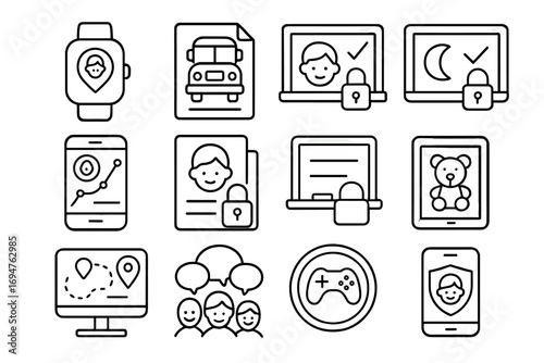 Security and privacy icon set. technology, safety, data, line style collection