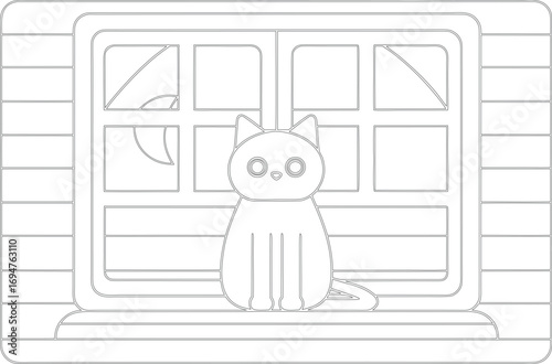 Outline drawing shows the cat sitting at the window sill under moon at night