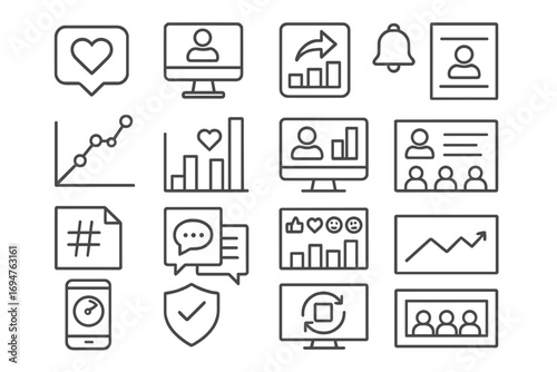Social media, communication outline icon set. People, charts, conversation graphics icons