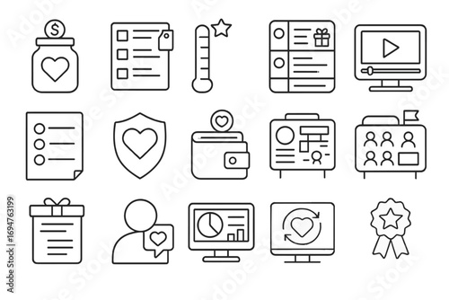 Finance, charity linear icon set. donation, money management line art collection