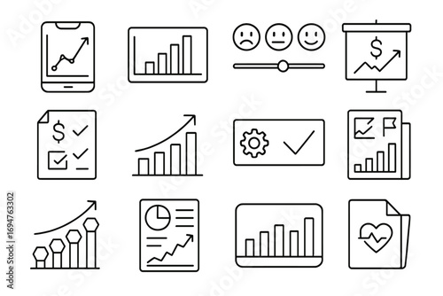 Business, finance outline icon set. charts, analytics, reports icons outline style