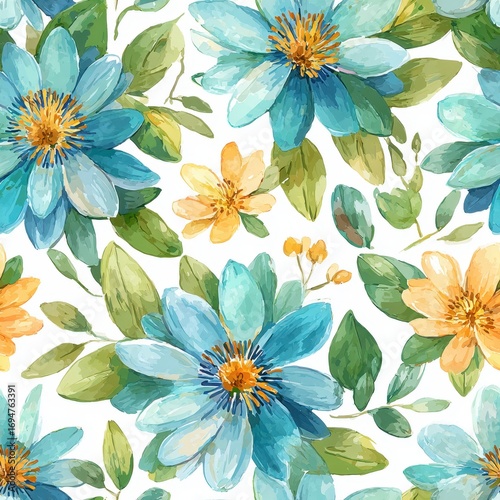 Fototapeta Naklejka Na Ścianę i Meble -  Floral Watercolor Seamless Pattern With Blue And Orange Flowers On White Background
