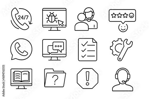 Customer support line icon set. communication, assistance tools linear collection