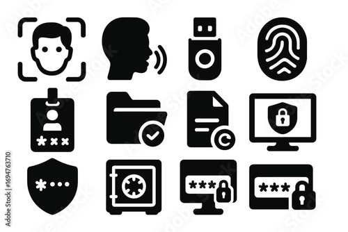 Security and privacy solid icon set. data, protection, lock, safe icons collection