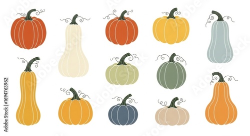 Colorful Pumpkin Patch: Autumn Harvest of Varied Shapes and Hues on White Background