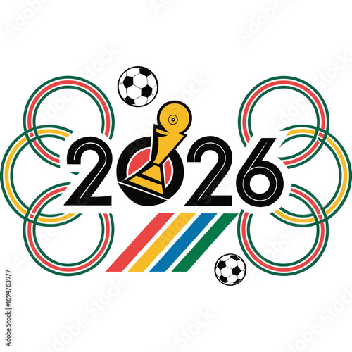 2026 fifa world cup logo featuring a golden trophy soccer balls and olympic style rings in vibrant colors