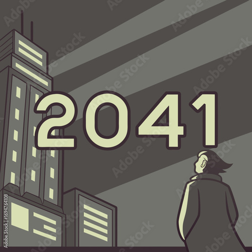 A lone figure gazes at the towering cityscape of the year 2041 with a sense of anticipation and wonder