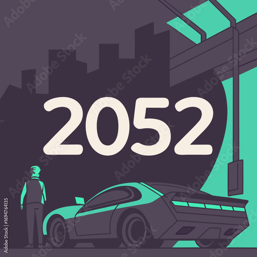 A lone figure stands beside a futuristic car with the year 2052 displayed prominently against a city skyline